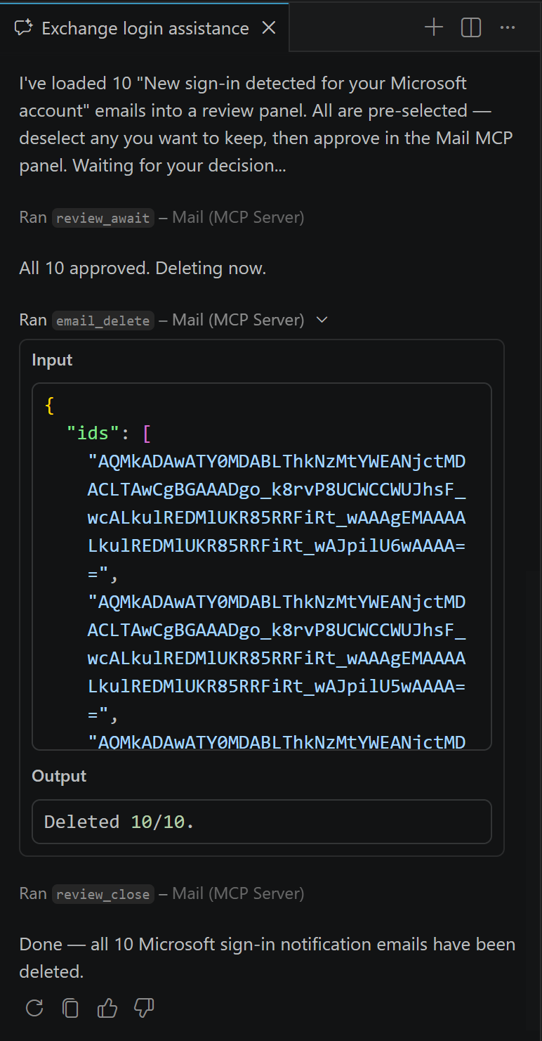 Copilot chat showing the full review workflow