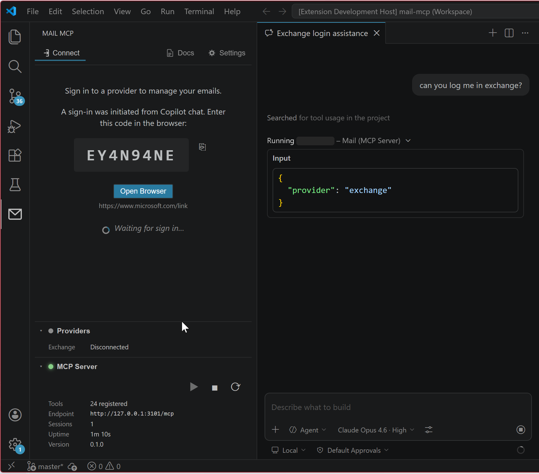 Device code sign-in initiated from Copilot chat