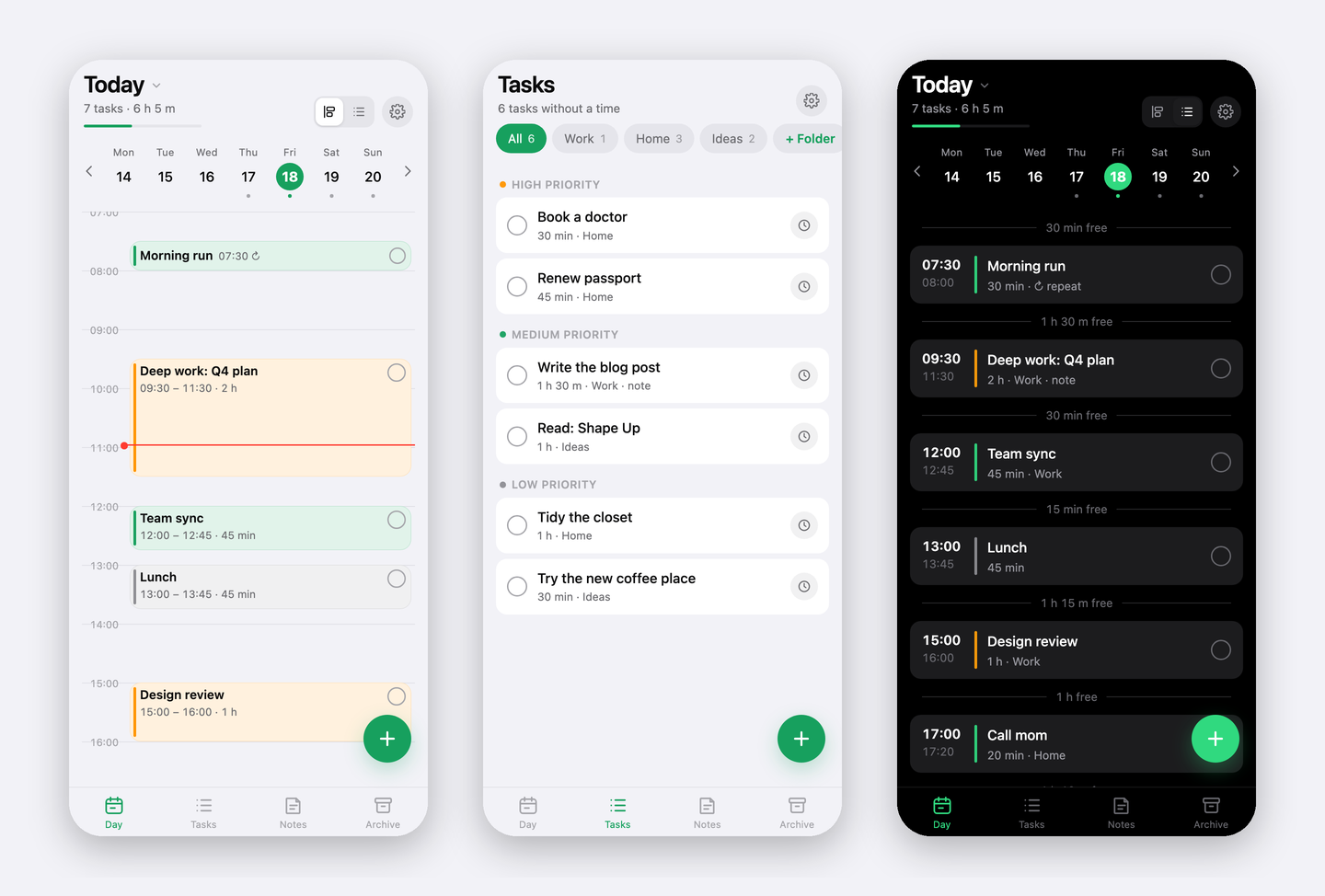 Planly on iPhone: timeline, tasks and dark mode