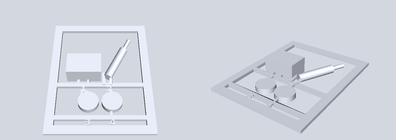 A made-up kit of a block, a rod on a peg and two wheels, laid out on one card
