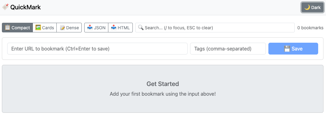 Empty state - clean interface ready for your first bookmark