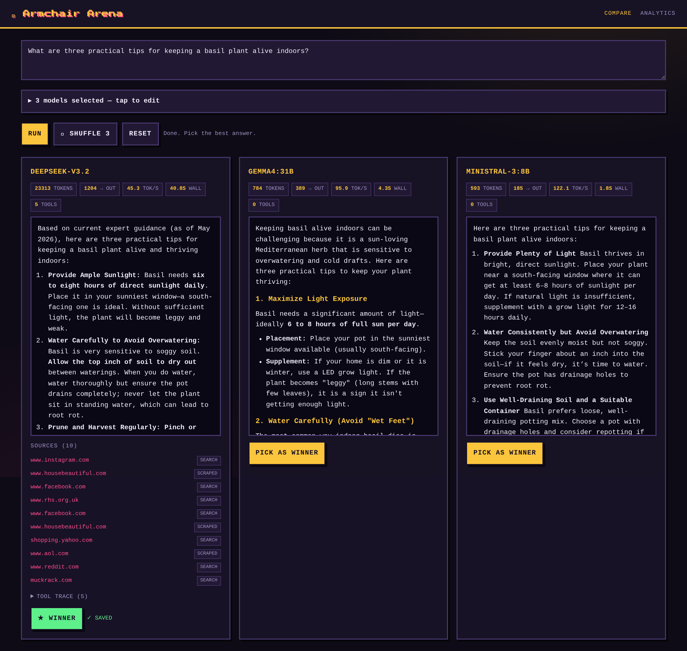 Results Comparison Compare page โ three models answering the same question side-by-side, each with metrics, sources, and a "Pick as winner" button
