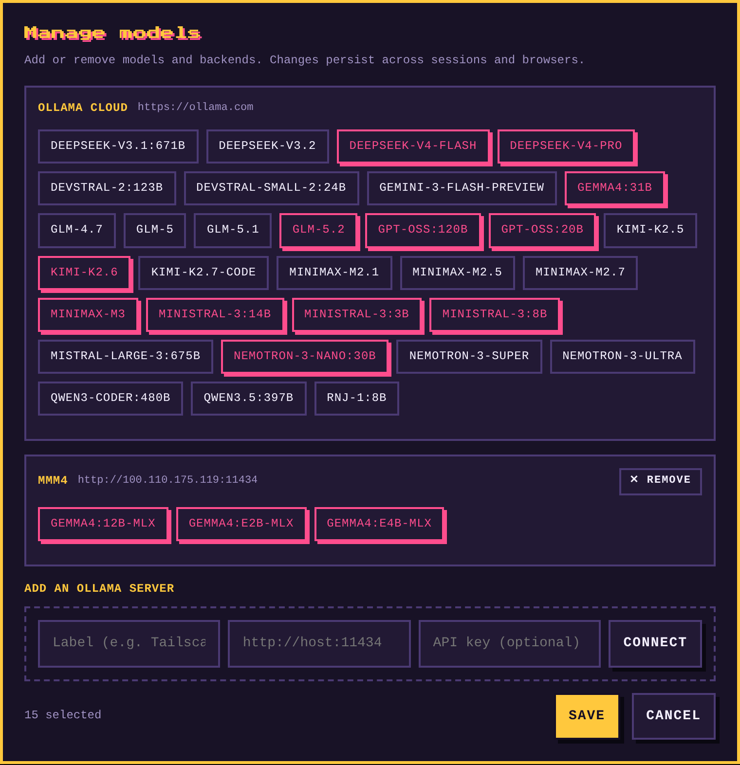 Model Manager Model manager โ pick which cloud models compete and add local/remote Ollama servers by URL