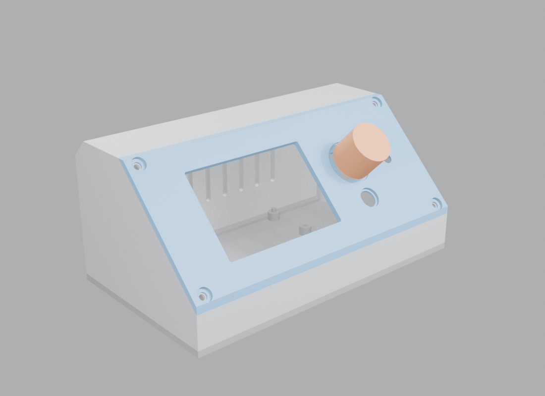 The chatbox case — a 45° printed wedge with the LCD window and knob on the face plate