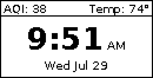 The idle home screen: AQI and temperature above a large clock