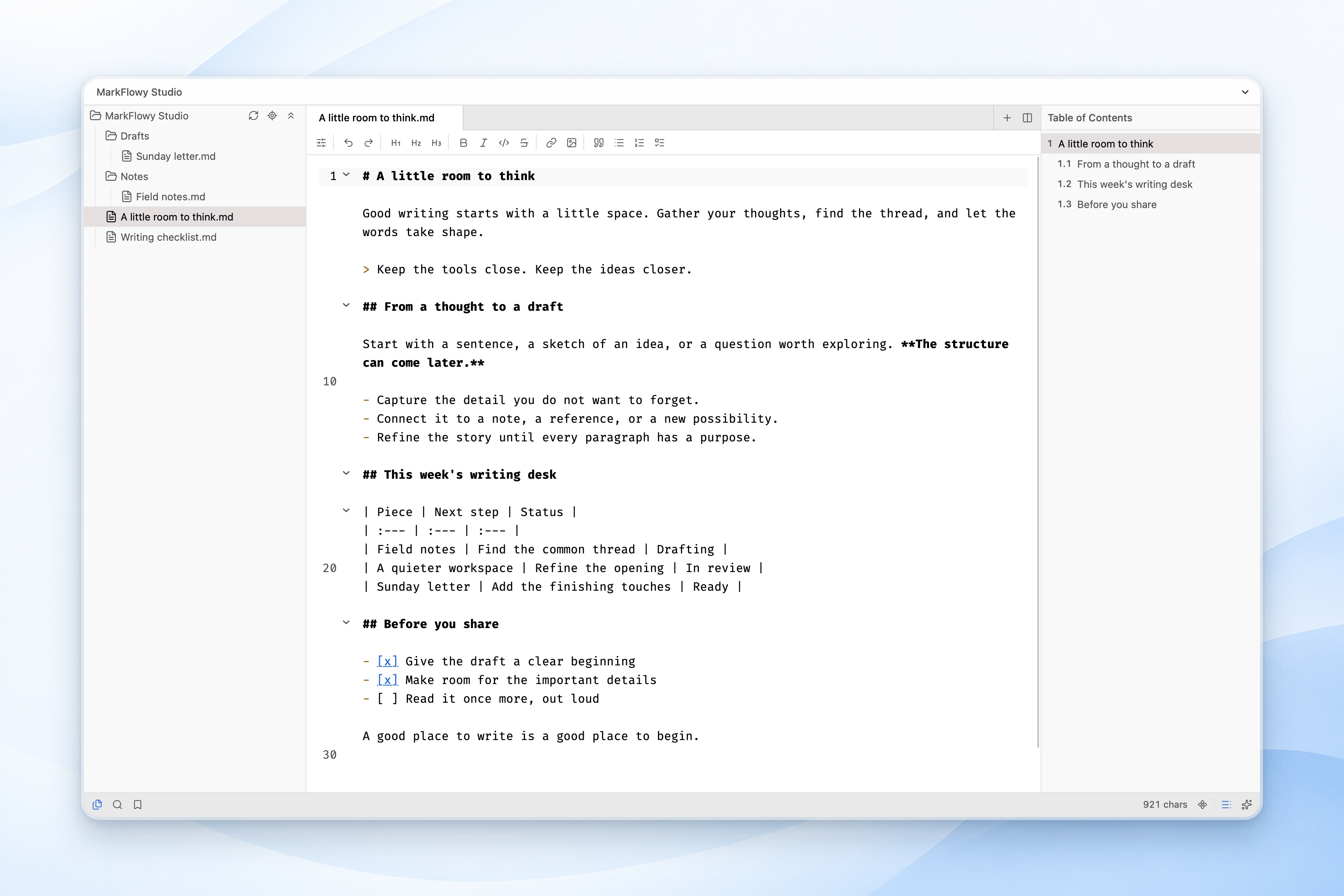 Markdown source editing in MarkFlowy Desktop