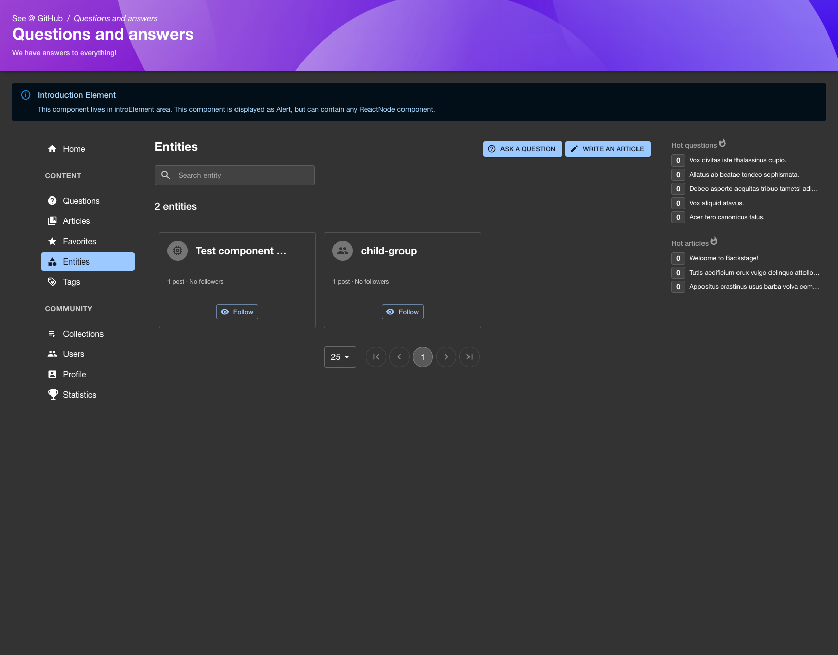 Entities page