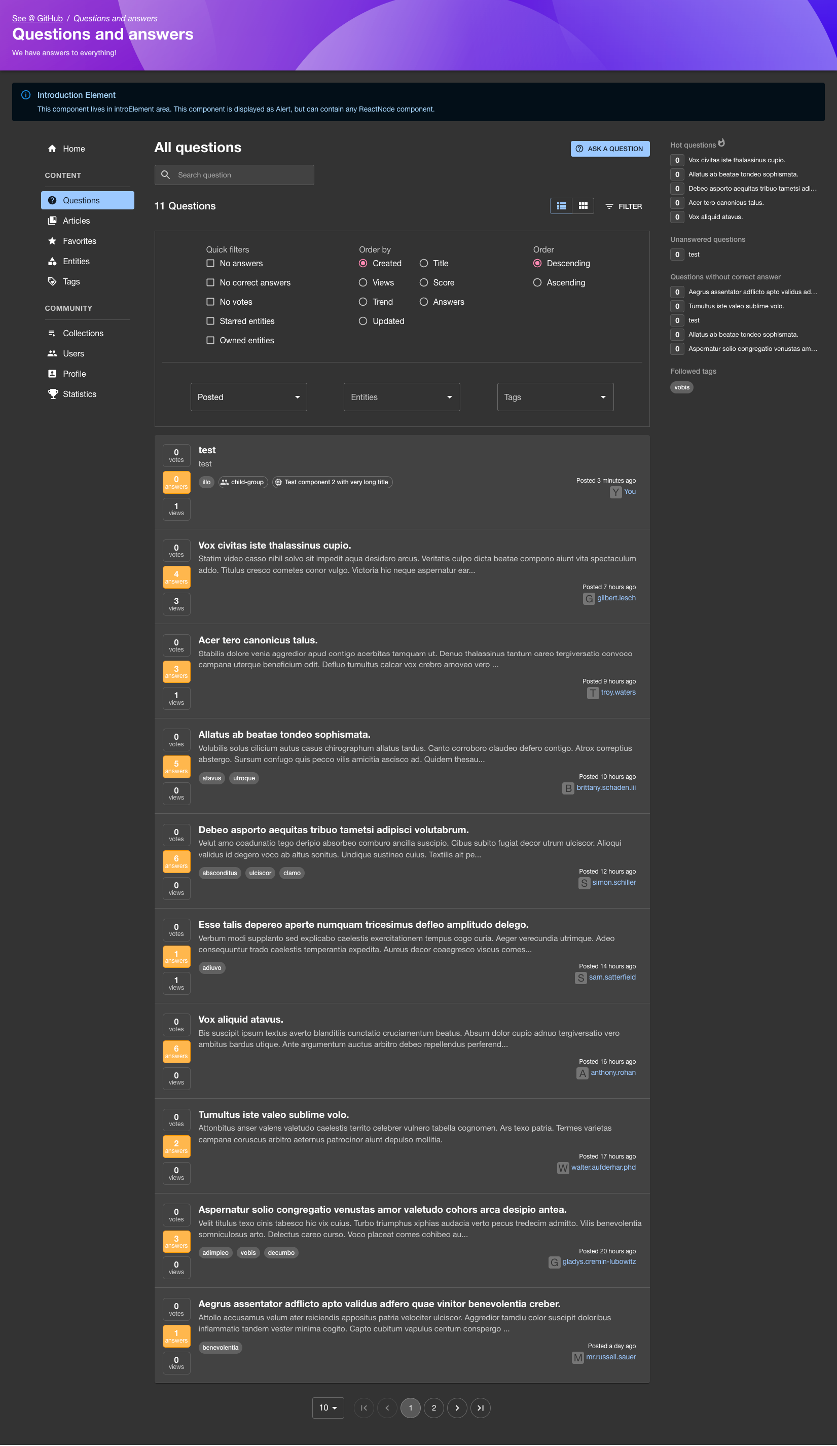 Questions page