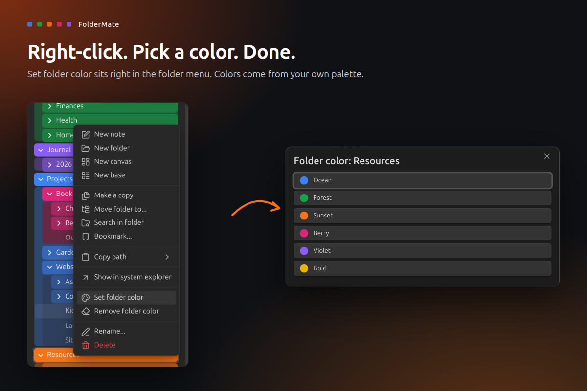 Right-click a folder, pick a color