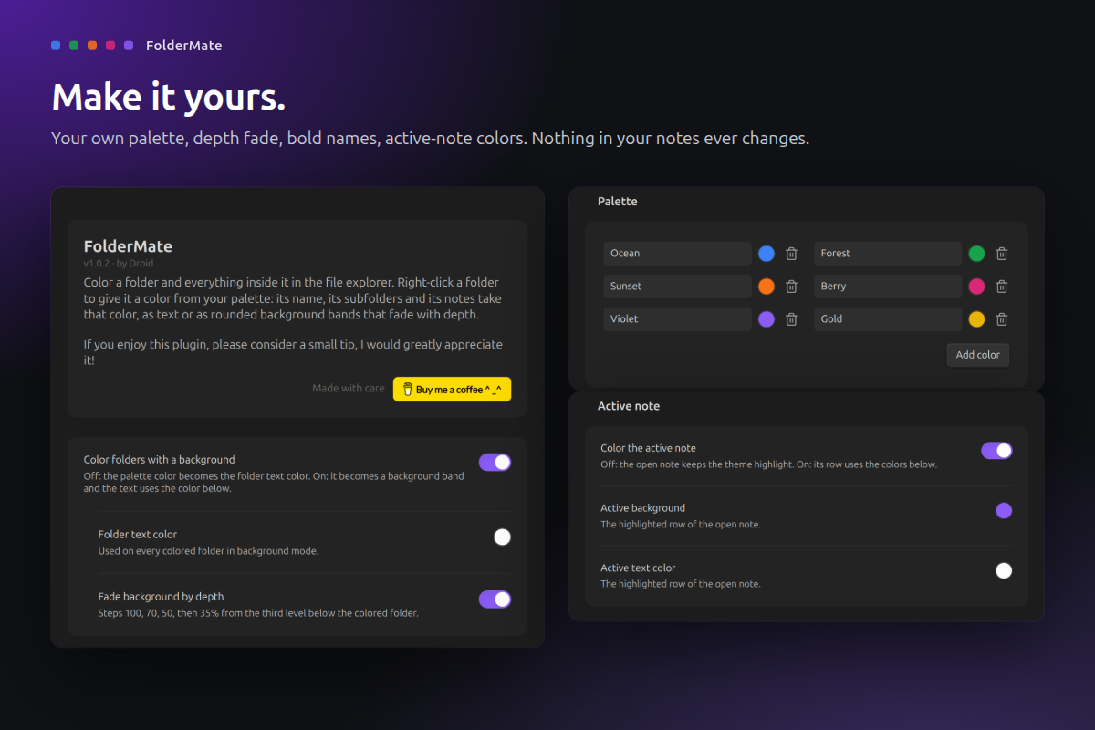 FolderMate settings: palette, fade and active-note colors