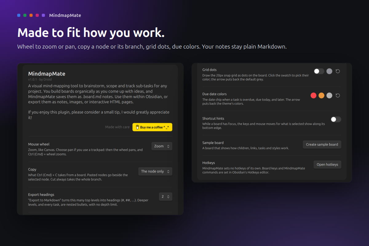 MindmapMate settings: mouse wheel, copy, export headings, grid dots, due date colors