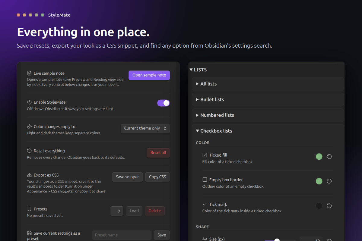 StyleMate settings: sample note, presets, export, and the Lists group