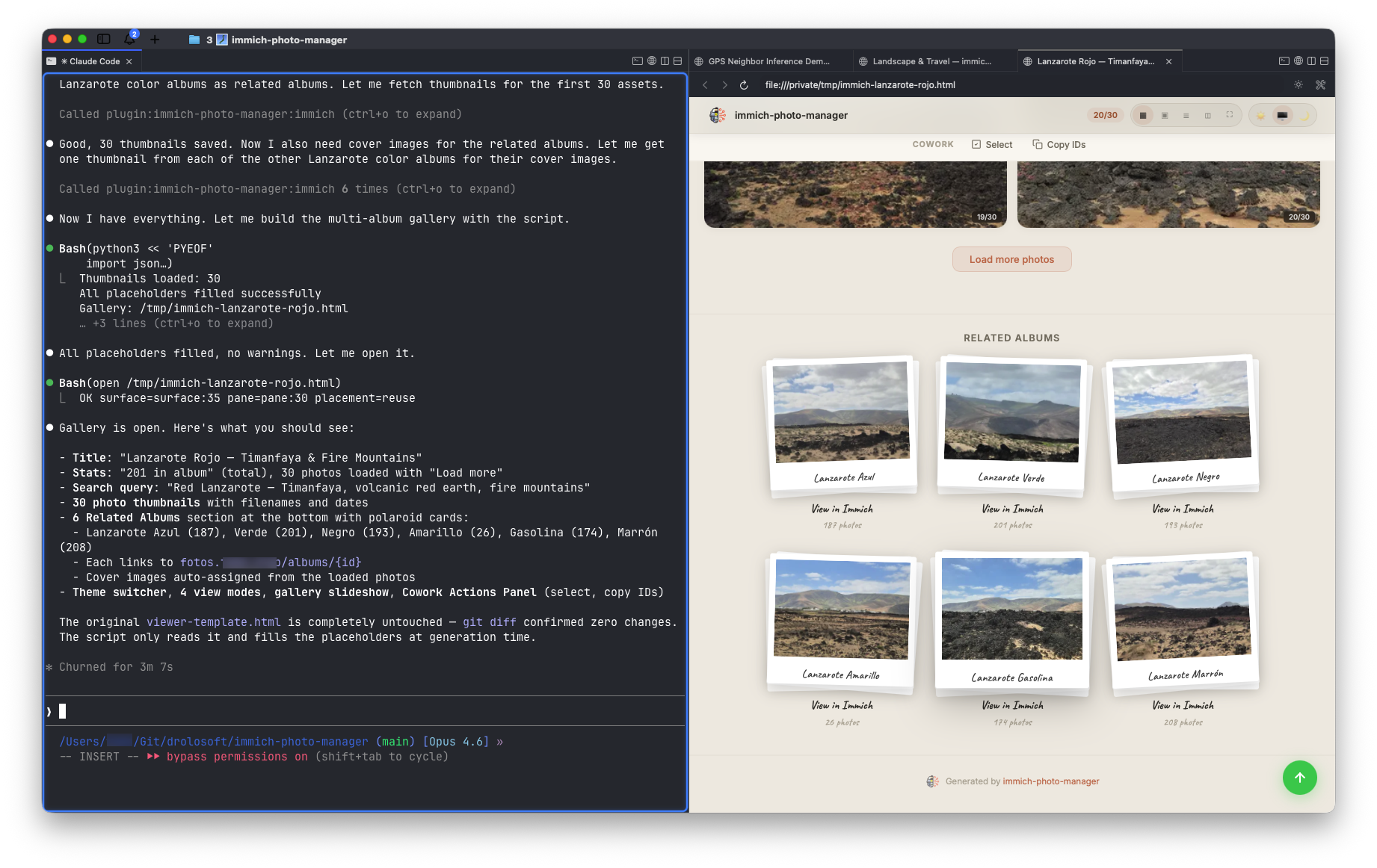 Split screen: Claude Code terminal generating a photo gallery on the left, browser showing the resulting gallery with album cards on the right