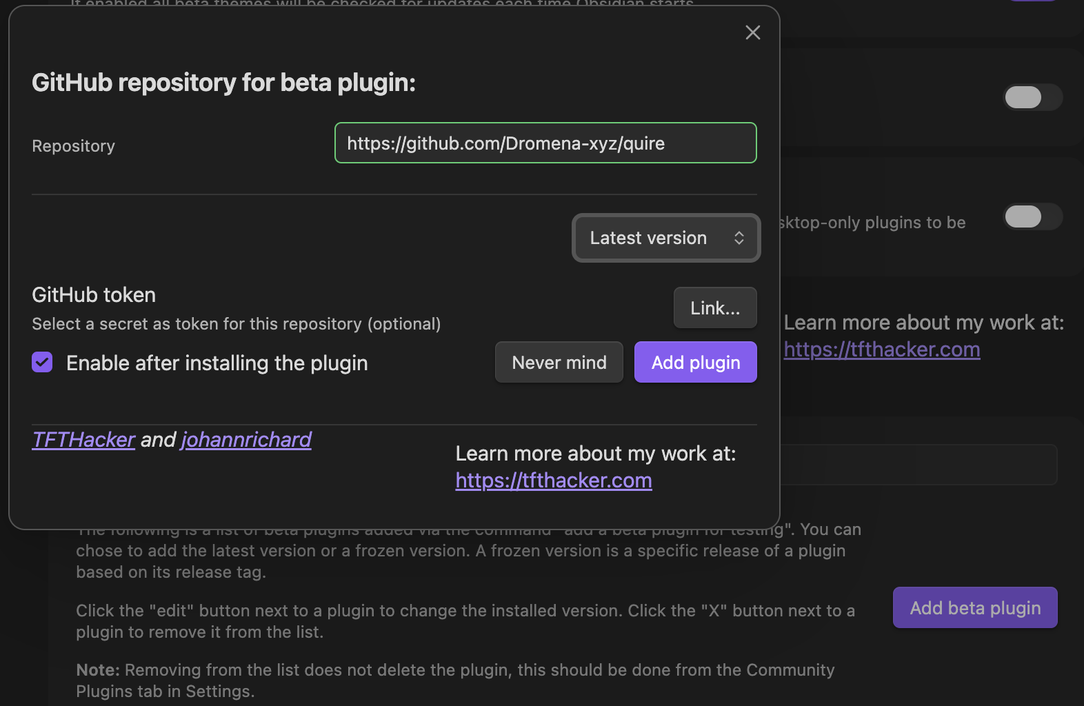 Adding Dromena-xyz/quire as a BRAT beta plugin