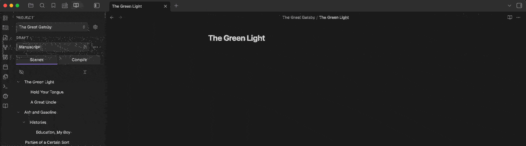 A Quire project: the nested scene list beside the editor