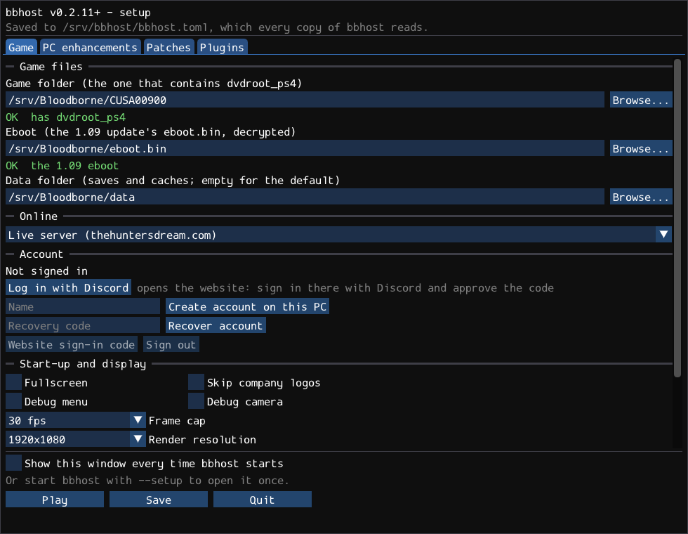 The setup window