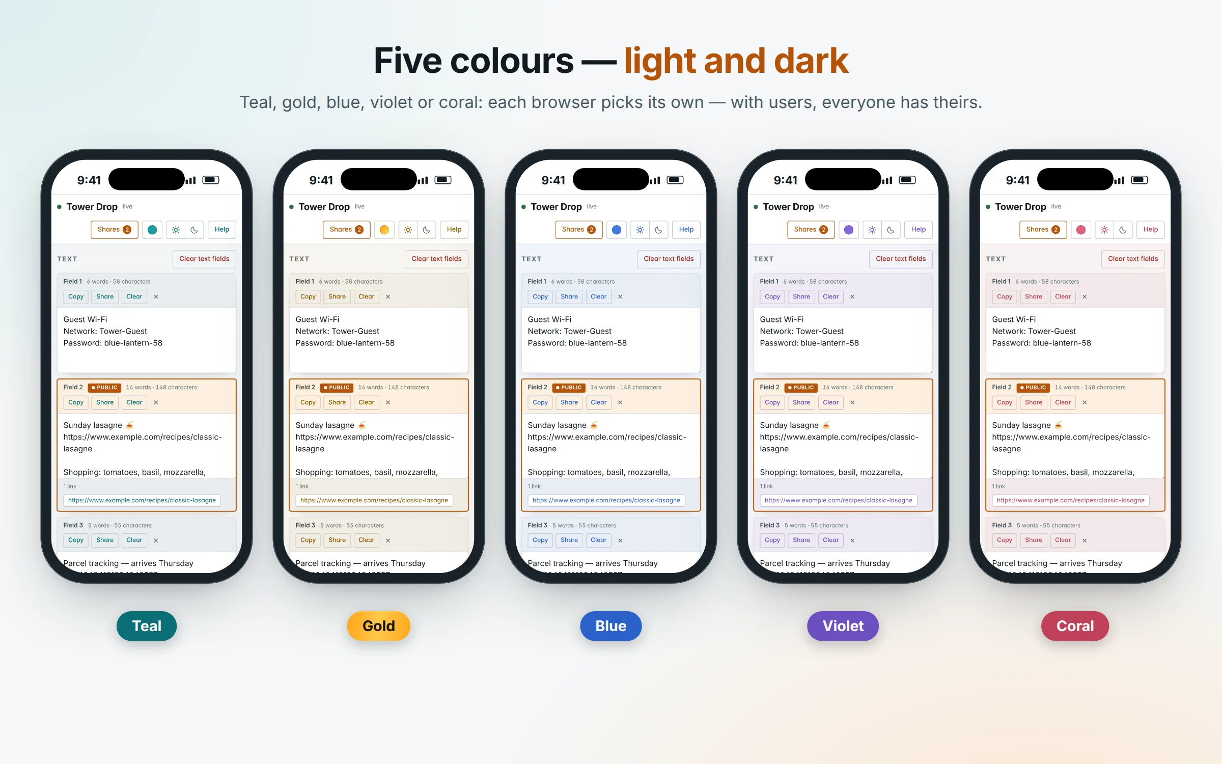 Drop on five phones, one in each colour: teal, gold, blue, violet and coral