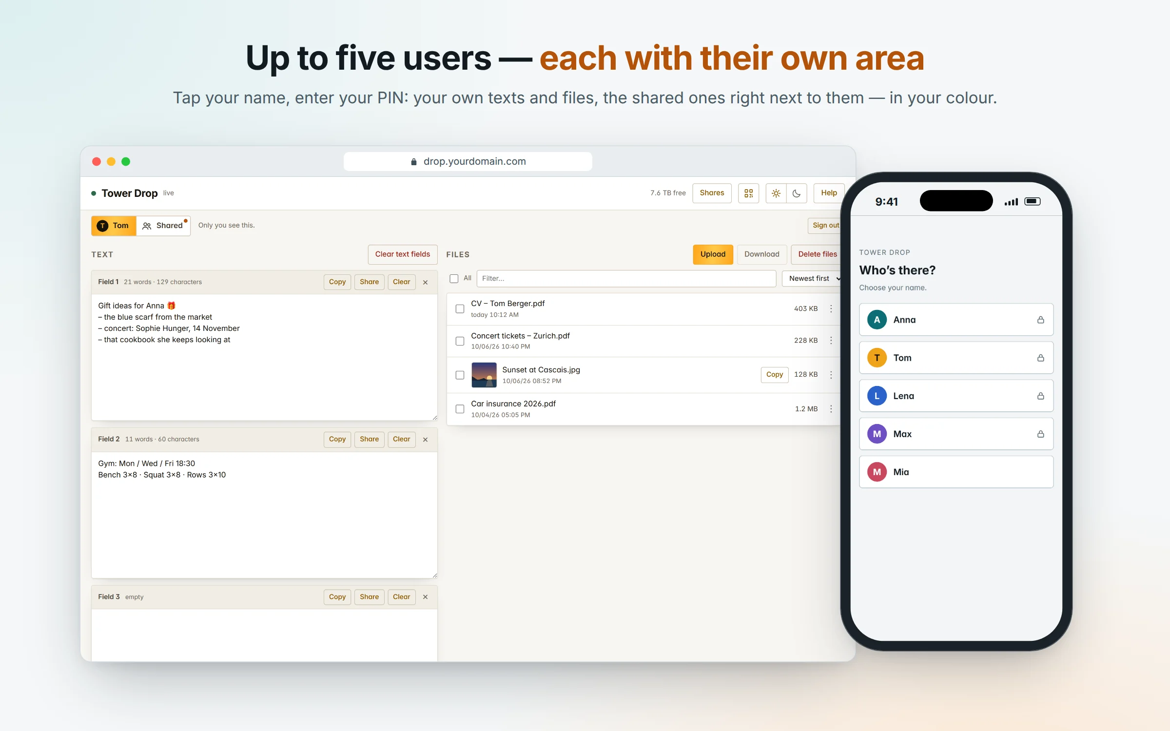 Tom's own area in gold, next to the sign-in page with five names
