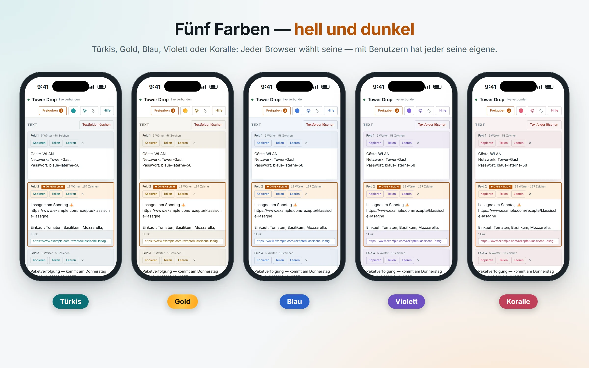 Drop auf fünf Handys, jedes in einer Farbe: Türkis, Gold, Blau, Violett und Koralle