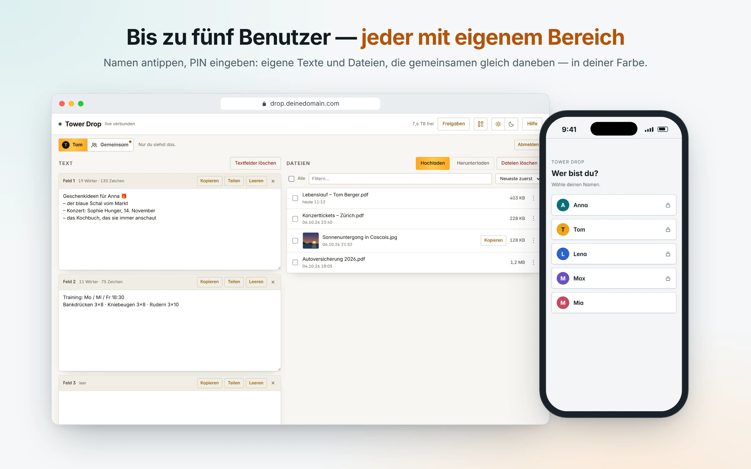 Toms eigener Bereich in Gold, daneben die Anmeldung mit fünf Namen