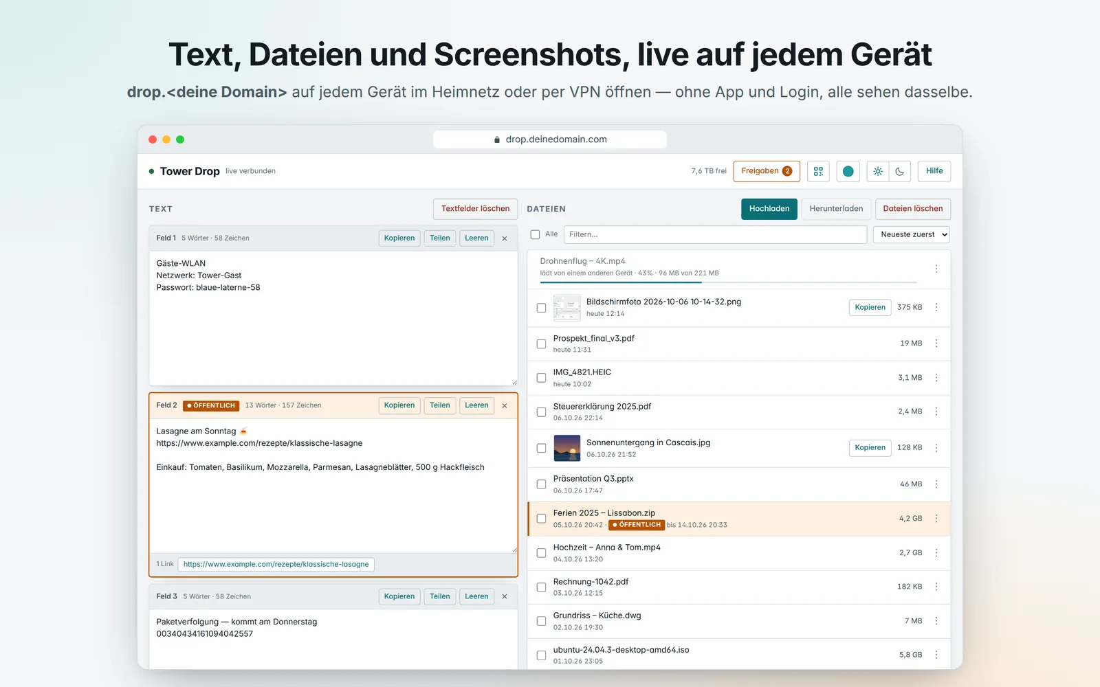 Drop in Bildern: Textfelder und Dateien, Teilen ins Internet, was öffentlich ist, die Seite des Empfängers, die Ansicht auf dem Handy, andere Sprachen, hell und dunkel, fünf Farben, Benutzer mit eigenem Bereich