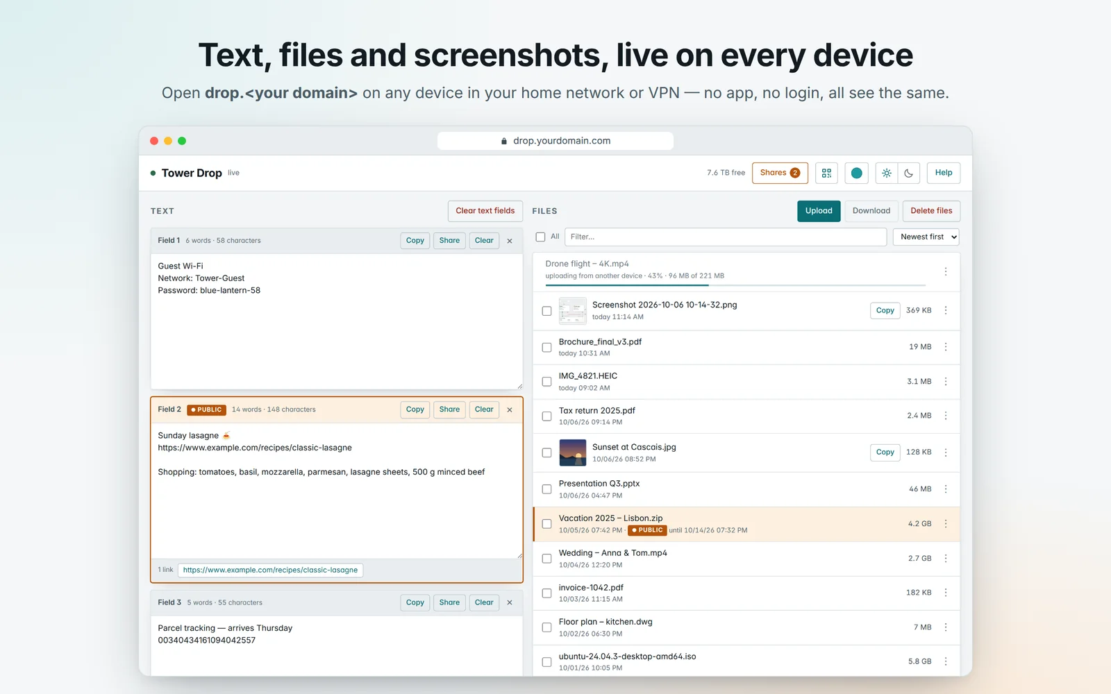 Drop in pictures: text fields and files, sharing to the internet, what is public, the recipient's page, the phone layout, other languages, light and dark, five colours, users with their own area
