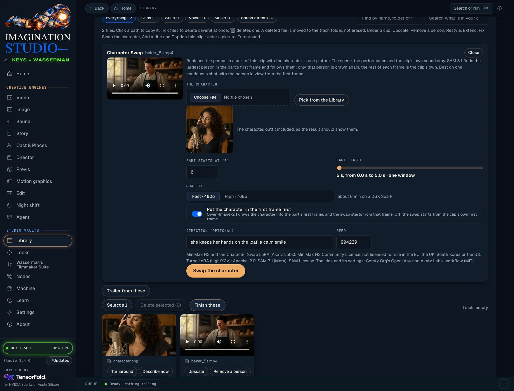 Character Swap in the Library: the clip, the character's picture, the part, Fast or High, the first-frame switch, a direction and the licence line