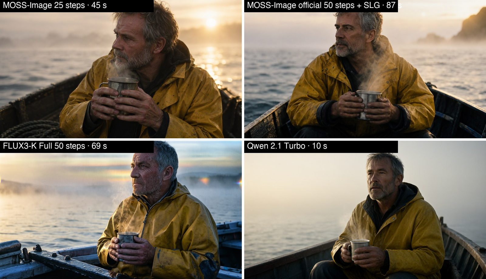 The same film-still prompt: MOSS-Image at 25 and 50 steps, FLUX3-K Full, Qwen 2.1 Turbo