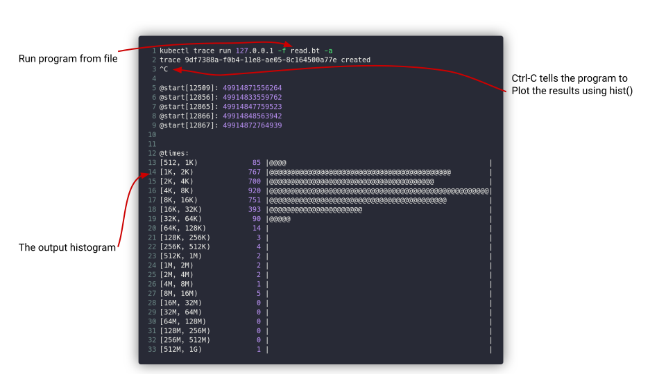 Screenshot showing the read.bt program for kubectl-trace