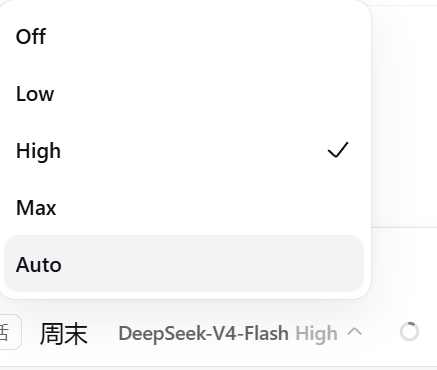 Model selector Auto dropdown injected by the plugin: levels Off / Low / High / Max / Auto, High currently selected, Auto highlighted — Auto is a mask, the plugin schedules low/high/max per step from the tool history.