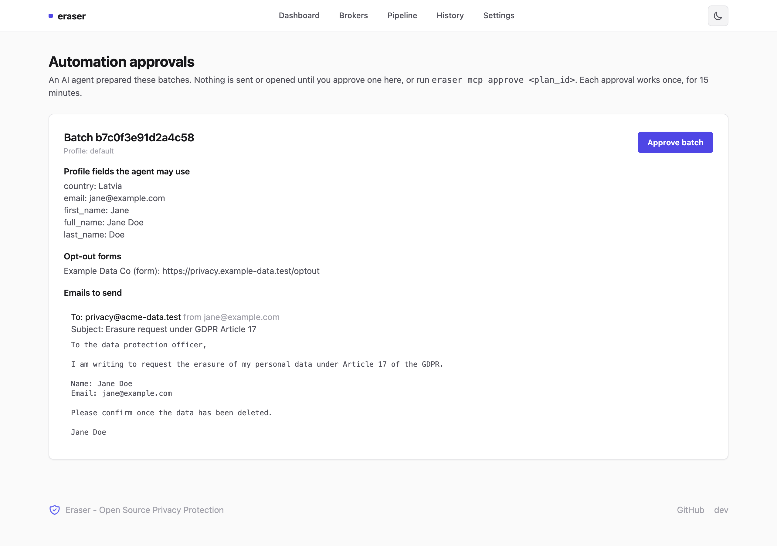 The Automation approvals page showing a pending batch with the profile fields, opt-out forms and emails the agent may use