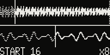 Model:Samples screen showing the Sample Edit waveform popup, with the whole sample above and a zoomed view below
