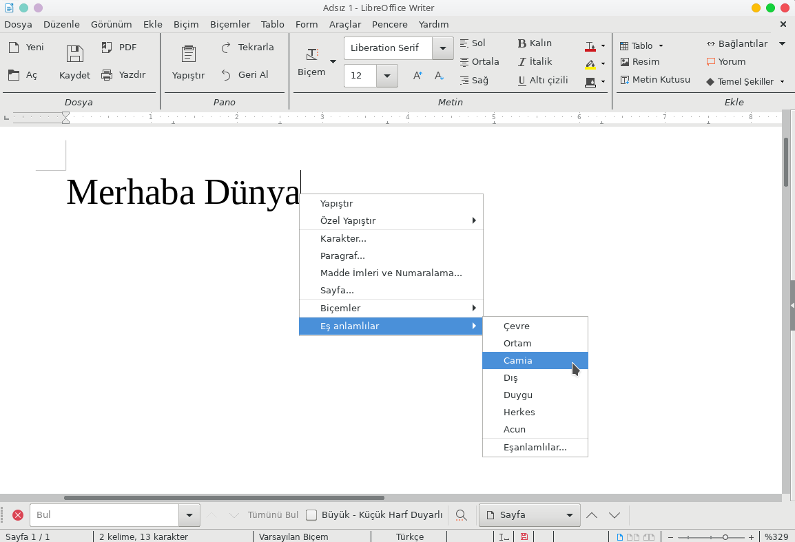 LibreOffice'de Türkçe Eşanlamlılar Sözlüğü