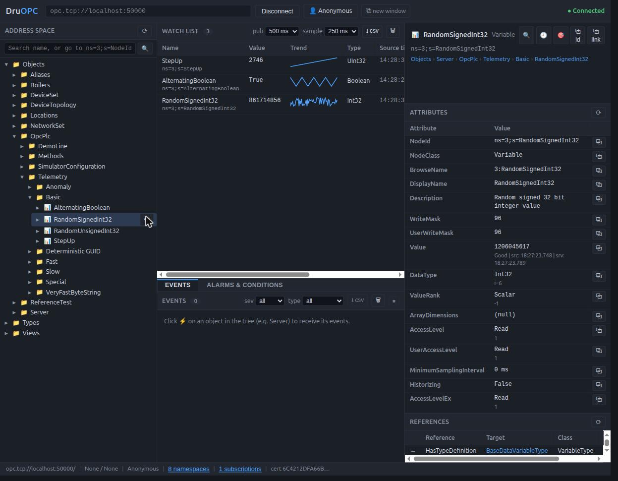 DruOPC Browser connected to the simulator, watching live variables
