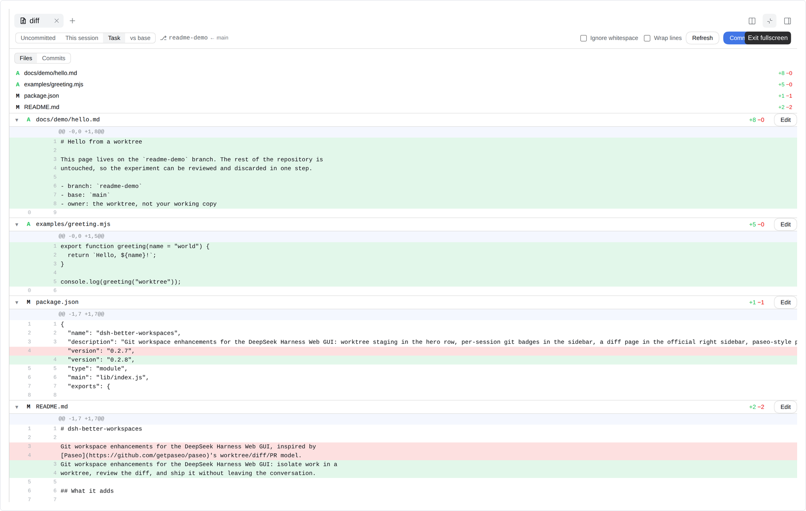 Diff page with scopes, file list, hunks, and actions