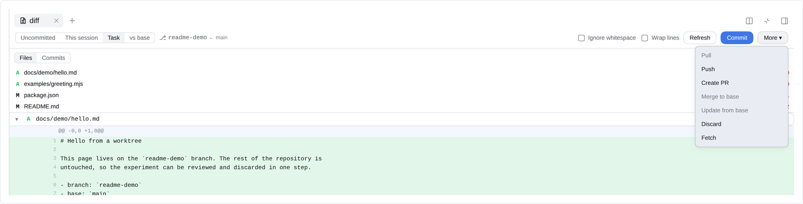 Commit button and More menu with pull, push, PR, merge, update, and discard