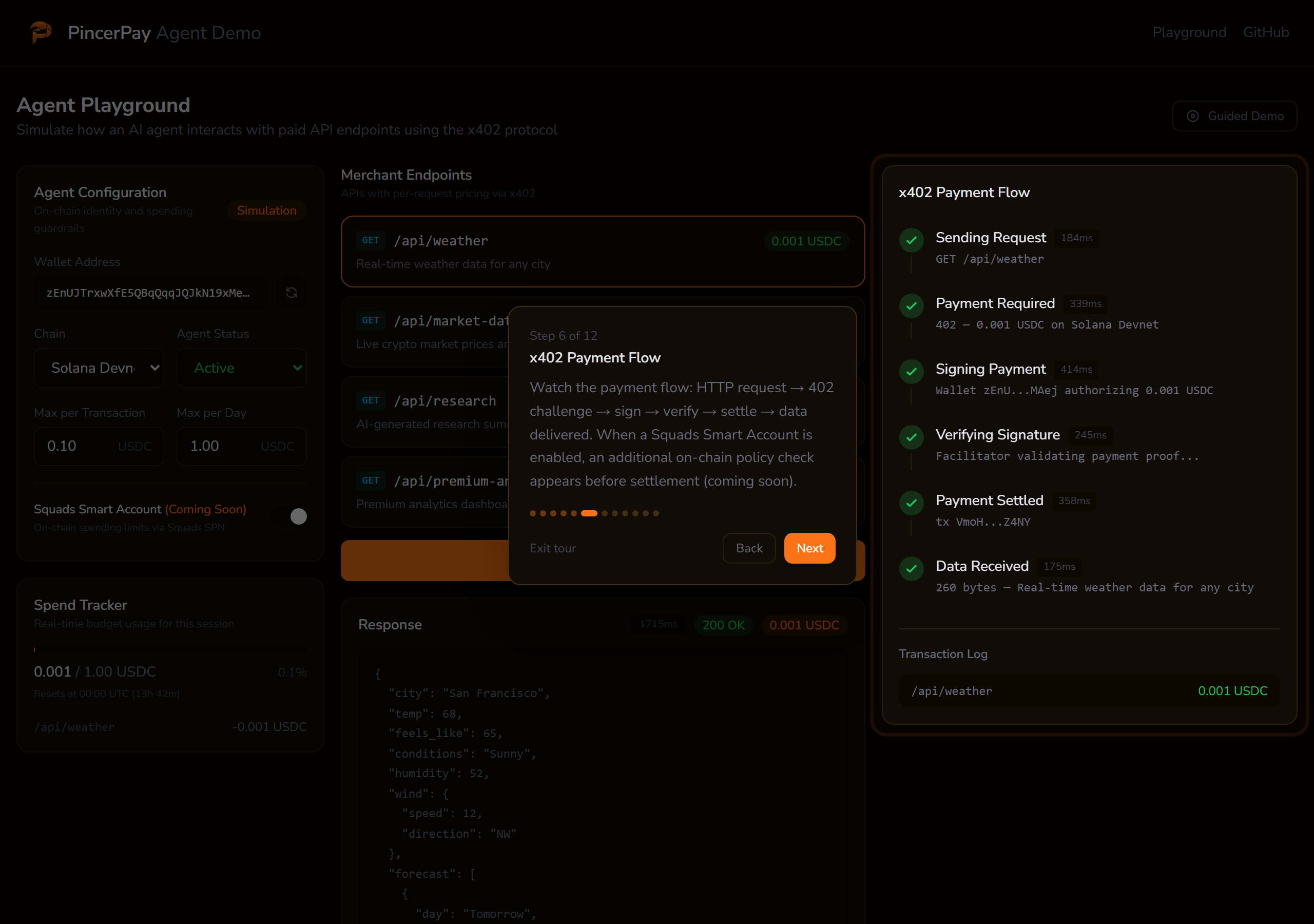 PincerPay Agent Playground showing the x402 payment flow in action