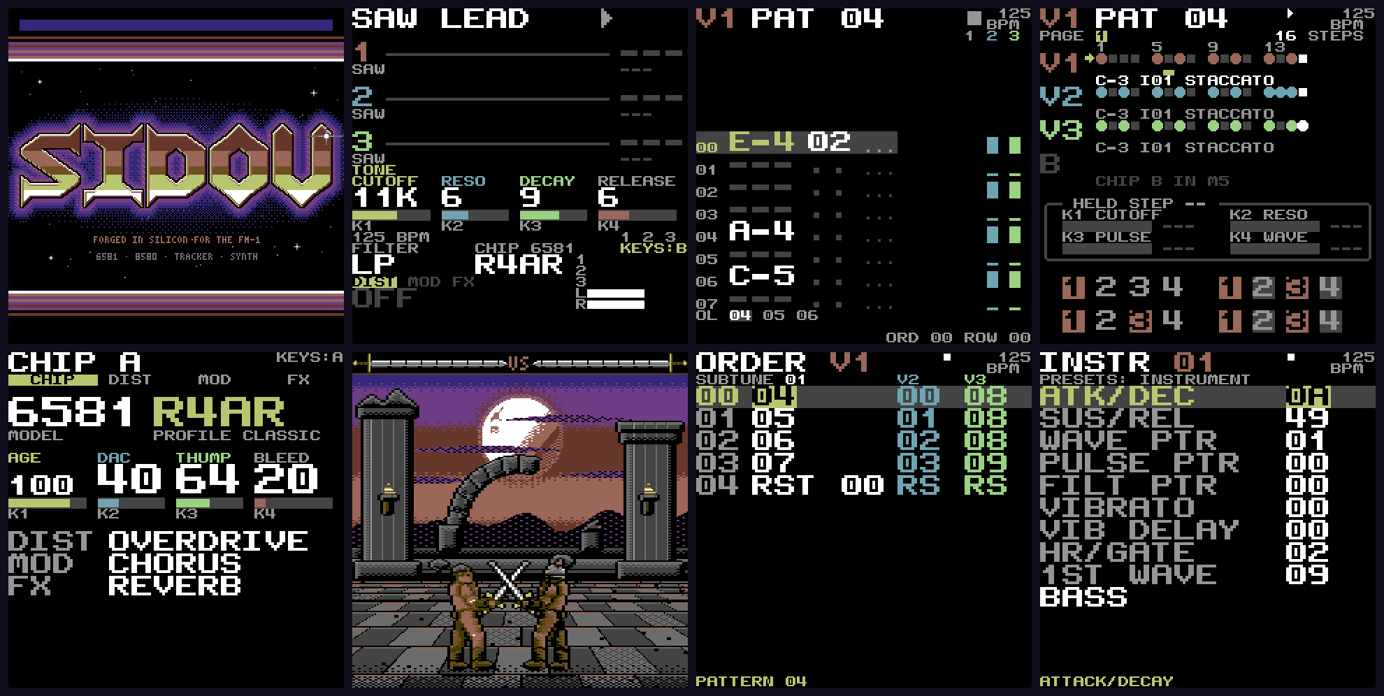 Eight screens of SIDOU on the FM-1's LCD: the boot title, LIVE playing a song with the keys on chip B, the TRACKER, STEP, the CHIP view, the RED MOON RITE scene, an ORDER list and an instrument page