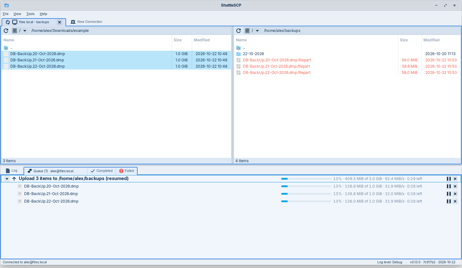 ShuttleSCP resuming an upload of three files, with pause and stop buttons for each