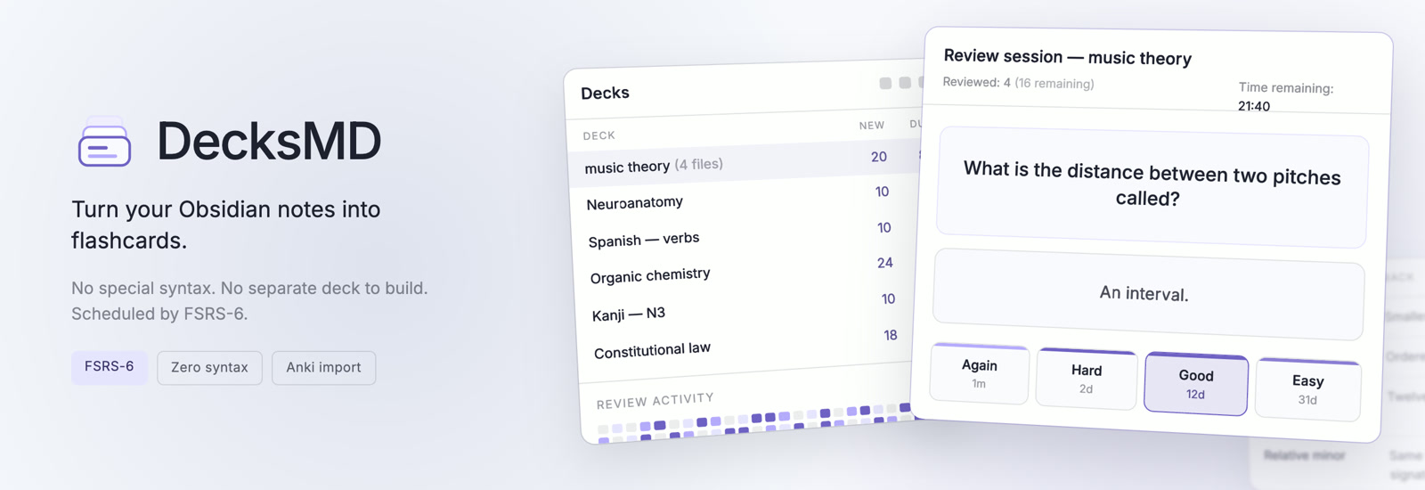 DecksMD — Turn your Obsidian notes into flashcards. No special syntax. No separate deck to build.
