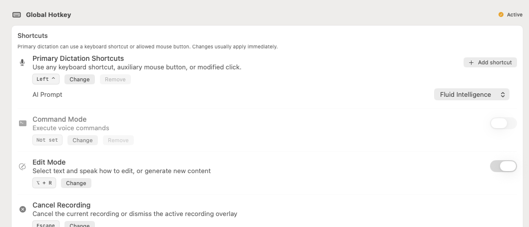 FluidVoice 1.6.5 Global Hotkey settings with disabled Remove button
