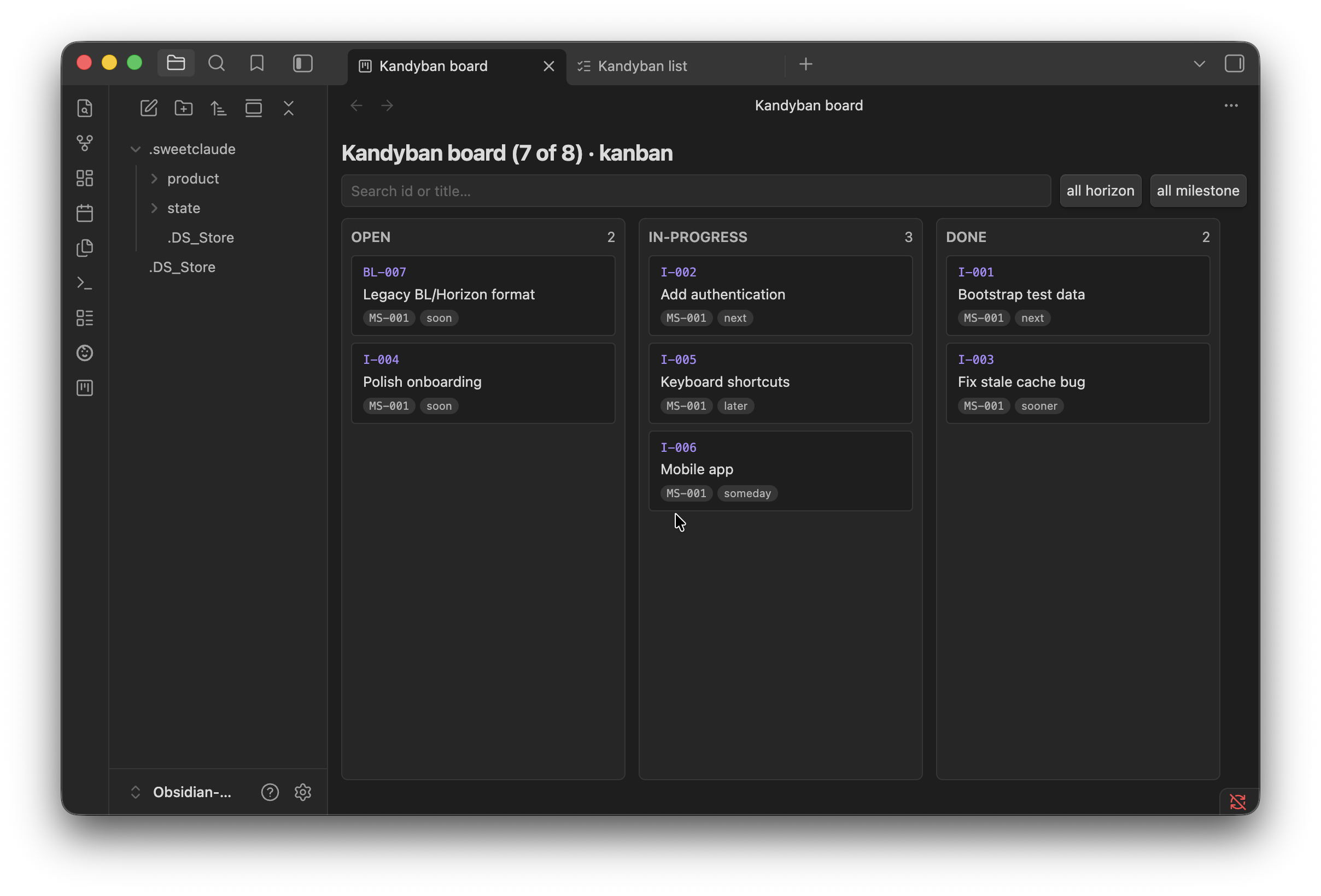 Kandyban board view showing columns by status with cards