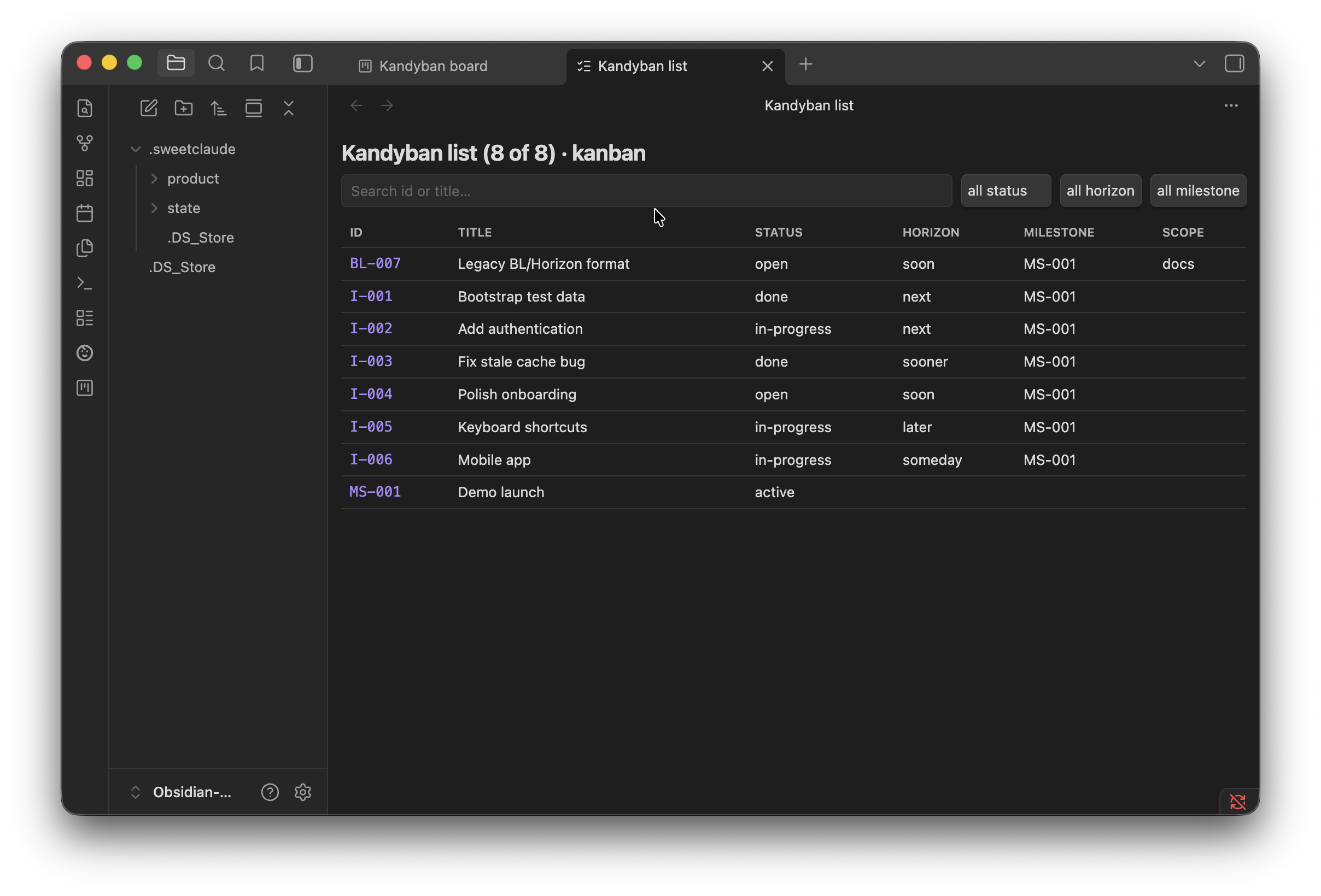 Kandyban list view with a status cell expanded into a picker menu
