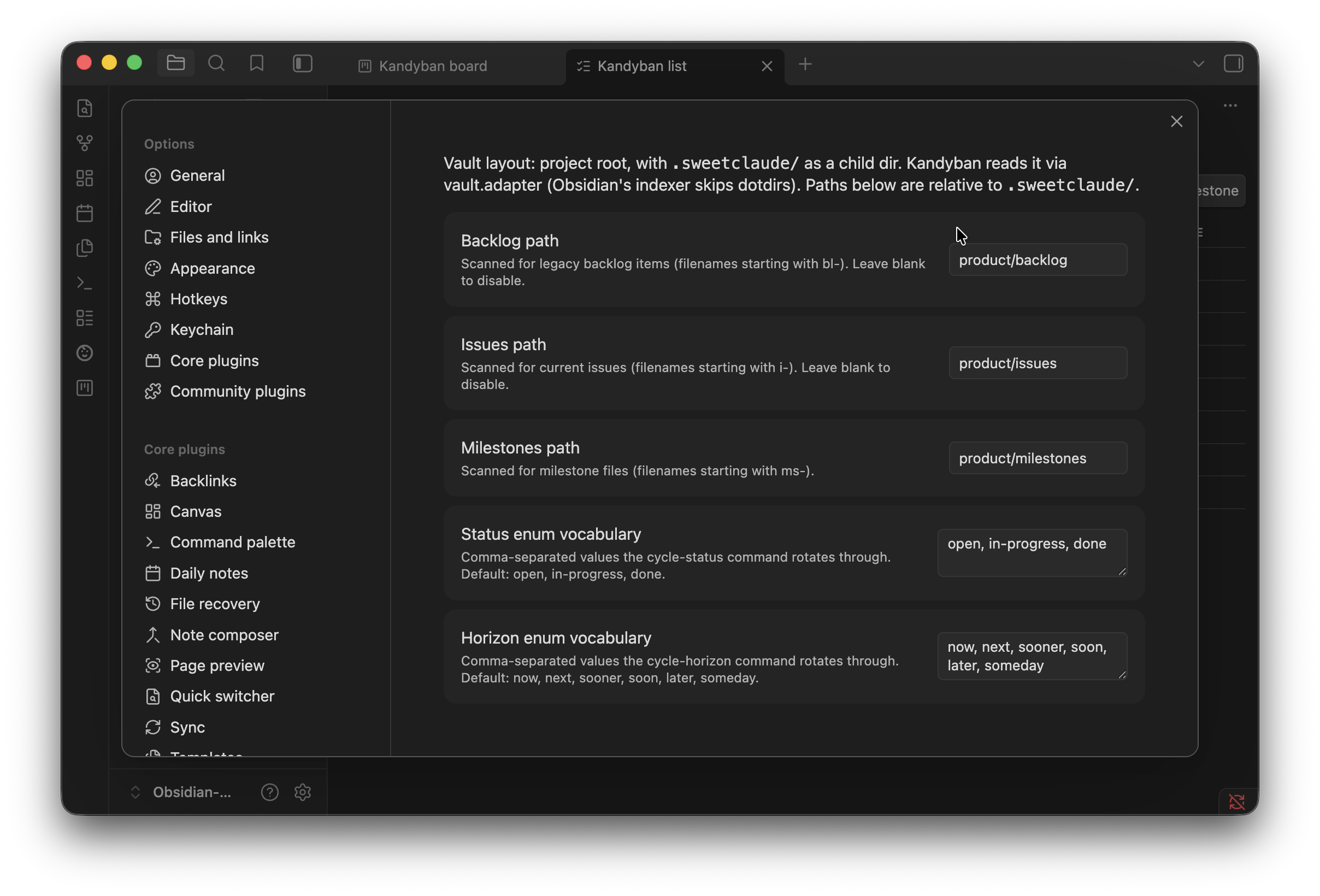 Kandyban settings tab
