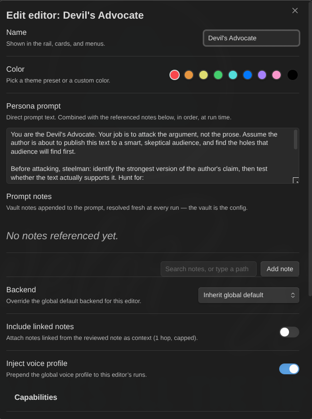 The edit-editor dialog: name, colour presets, persona prompt, prompt notes from the vault, backend override, and capability toggles