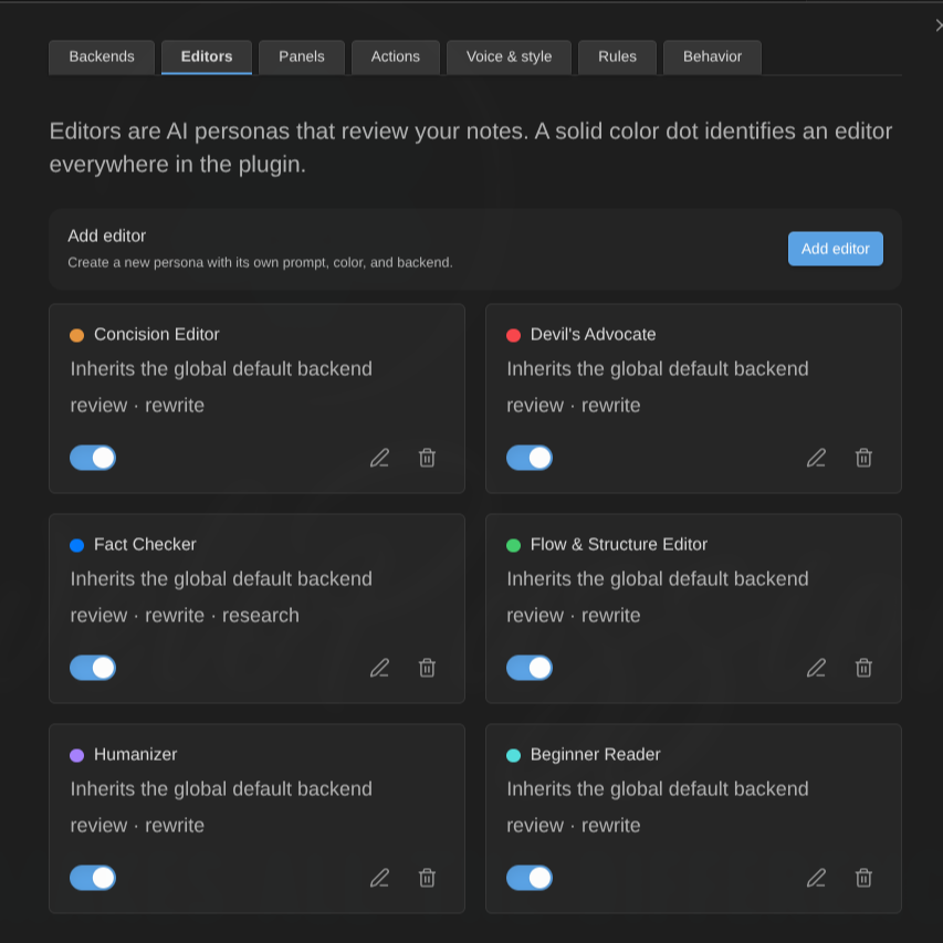The Editors settings tab: six editor cards with enable toggles, capabilities, and edit and delete buttons