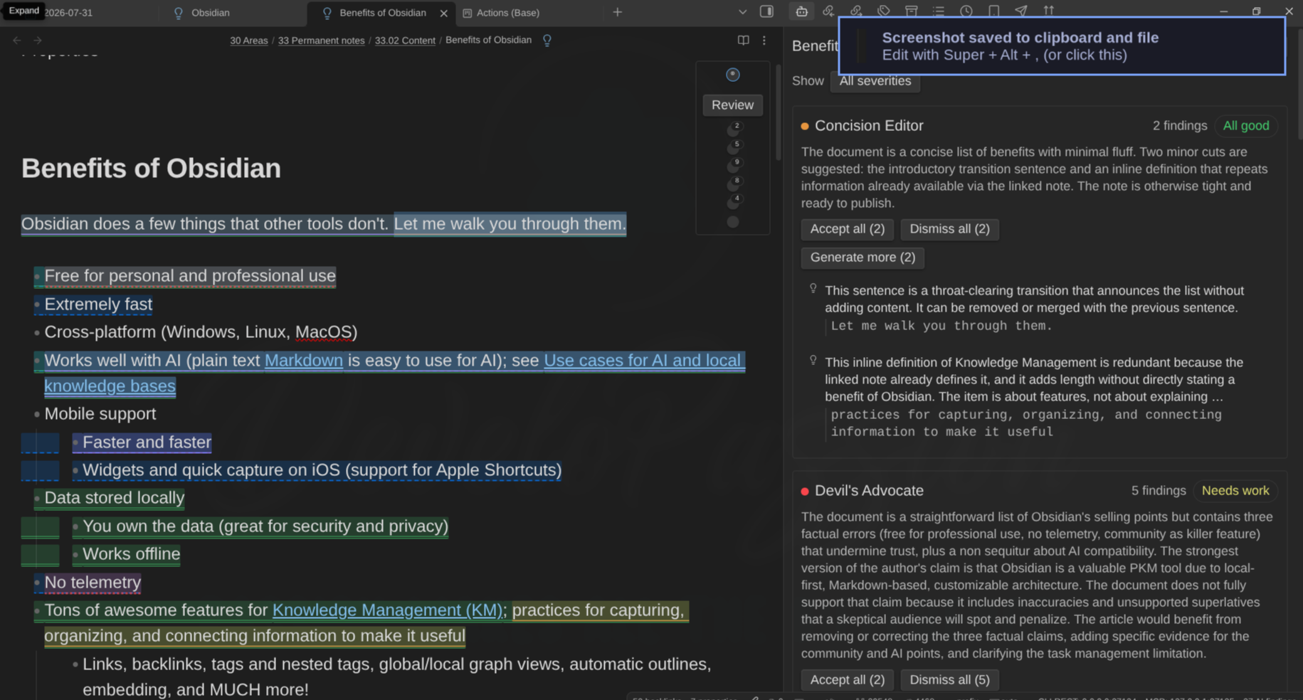 A note under review: highlighted spans in the text, the persona rail with a Review button, and the AI Editor Review panel showing each editor's summary, findings and verdict