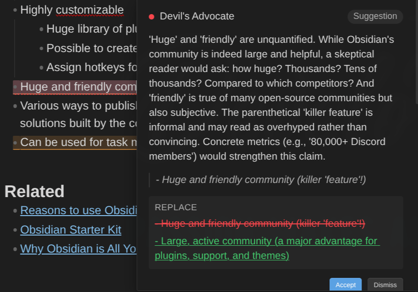 A review card: the critique, the quoted line, and a Replace preview showing the old text struck through and the proposed text underneath, with Accept and Dismiss buttons