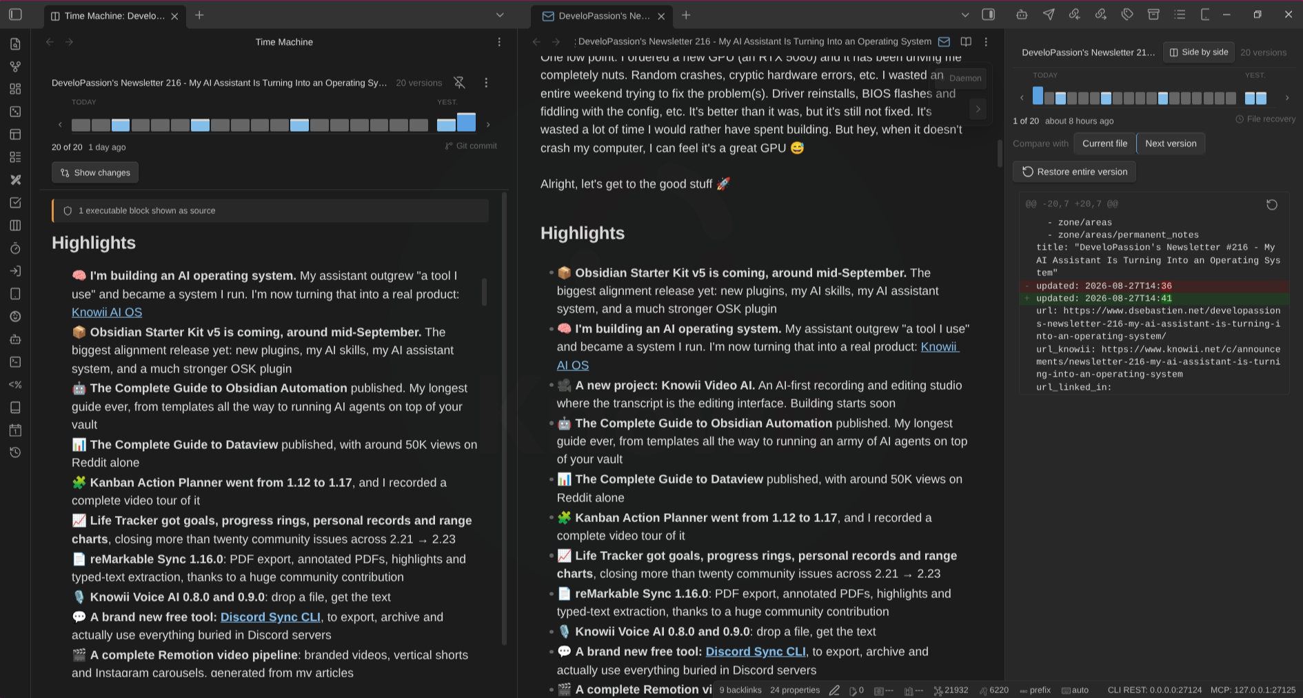 The past view open beside the live editor: the version rail and an old version of the note on the left, the note being edited in the middle, and the Time Machine panel with a diff on the right