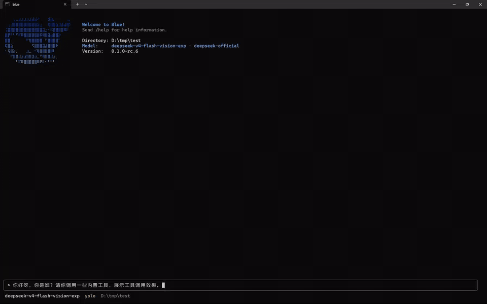 Blue demo: streaming transcript, tool cards, and panes